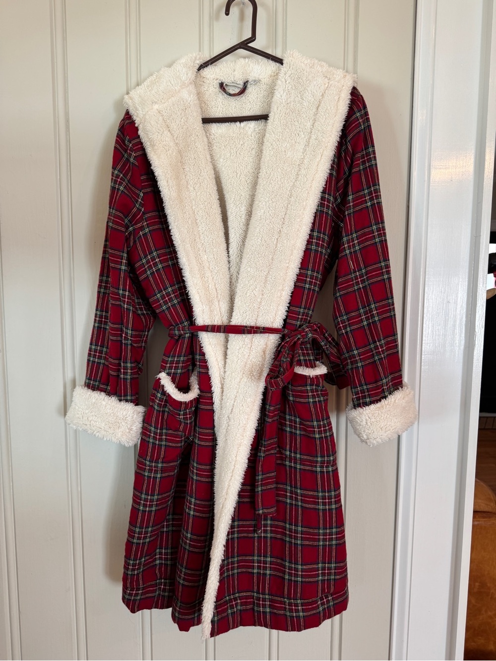 Cozy LL Bean Fuzzy Red Plaid Fleece-Lined Women's Robe Coat Large